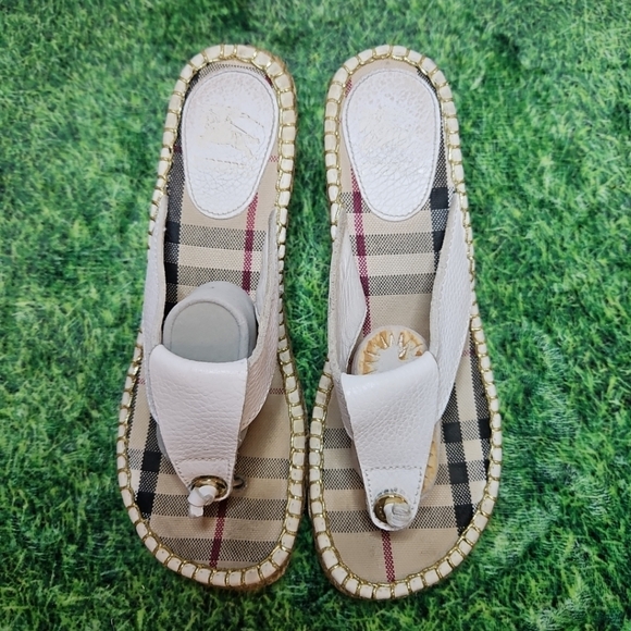 Burberry White Leather Espadrille Thong Wedge Sandals Check Size 39 . Box not in - Picture 1 of 13